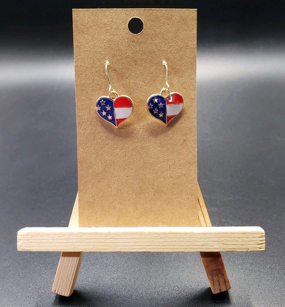 Dangle/Drop/Costume/Fashion/ Red White & Blue Heart Shaped Gold Plated Earrings!
